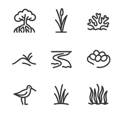 Coastal Ecosystem Icons. Outline icon set of vulnerable coastal ecosystems: mangrove tree, tidal marsh reed, coral reef fragment,