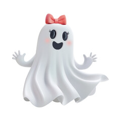 Little girl flying halloween ghost. 3d emoji spirit vector isolated. Nice pink bow, white cloth and happy hugs. Cute funny mascot character, kids trick or treat realistic costume. Female magic sticker