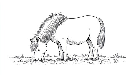 Hand-drawn sketch of a pony grazing