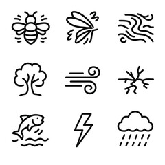 Frenzied Nature Icons. Outline icon set of frenzied nature: buzzing bee, fluttering wings, rushing river, shaking tree, roaring