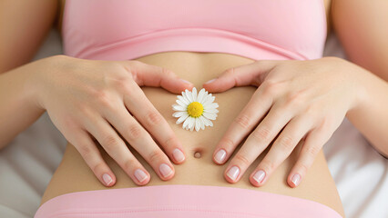 A woman's hands in a heart shape on her stomach with a daisy flower, symbolizing wellness and digestive health.