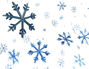 Cluster of Floating Snowflakes in Various Sizes and Opacities, Scattered Mid-Air View, Transparent Background PNG