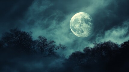 Fototapeta premium Full moon shining through dark clouds