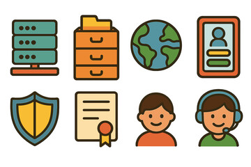Colorful Icon Grid. Flat vector mini-illustrations carbon registry platforms in colors children's illustrations: database server,