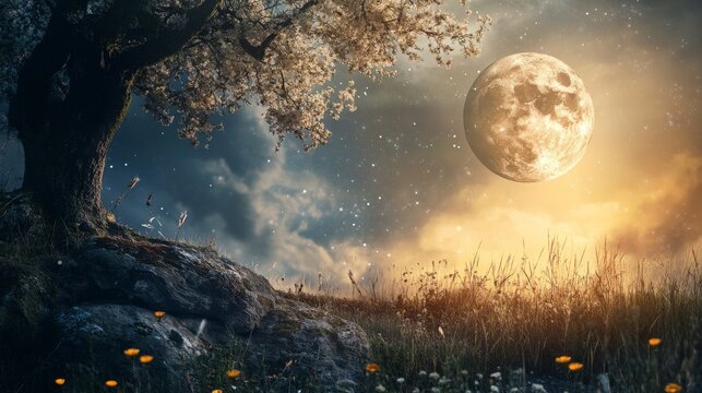 Full moon in the night sky with a large tree, clouds, and field of flowers.