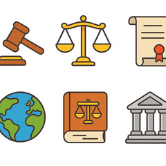 Colorful Law Icons. Flat vector mini-illustrations International law in colors children&rsquo;s illustrations: gavel, scales of justice,