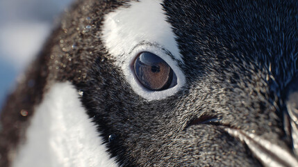 Close-up of a Chinstrap Penguin's Eye; Detailed Texture, Intriguing Gaze, Antarctic Wildlife.