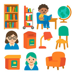 Colorful Library Adventure. Flat vector mini-illustrations a child reading in a colorful library nook in colors children's
