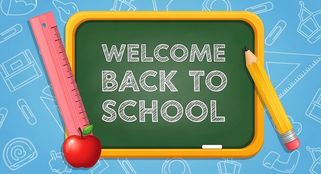 A vibrant chalkboard with welcome back to school written in chalk flanked by a ruler and pencil symbolizing education