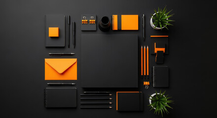  modern office stationery and supplies arranged neatly on a black background with orange accents, top view