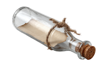 A message in a glass bottle.  Light tan paper scroll tied with twine.  Clear glass, cork stopper.  Isolated on white background