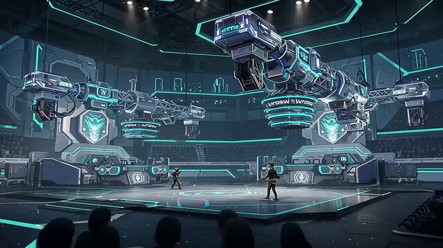 Futuristic arena showcasing advanced robotic technology with two massive robotic arms and combatants