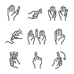 Obraz premium Glowstick Gesture Icons. Outline icon set of glowstick gestures: waving, pointing, drawing, cheering, dancing, signaling, counting