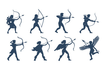 Fototapeta premium Collection of archer silhouettes in various poses. Vector illustration set of mythological hunters and warriors isolated on a white background.