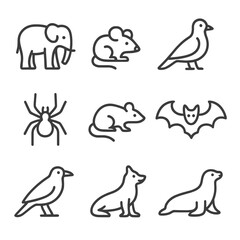 Fototapeta premium Gray Wildlife Icons. Outline icon set of gray animals and insects: gray elephant, gray mouse, gray pigeon, gray wolf, gray spider,
