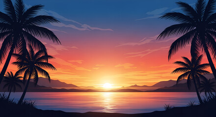 Fototapeta premium Stunning Tropical Sunset Beach Landscape: Palm Trees, Ocean, Silhouette, Calm Waters, Vibrant Sky, Exotic Paradise