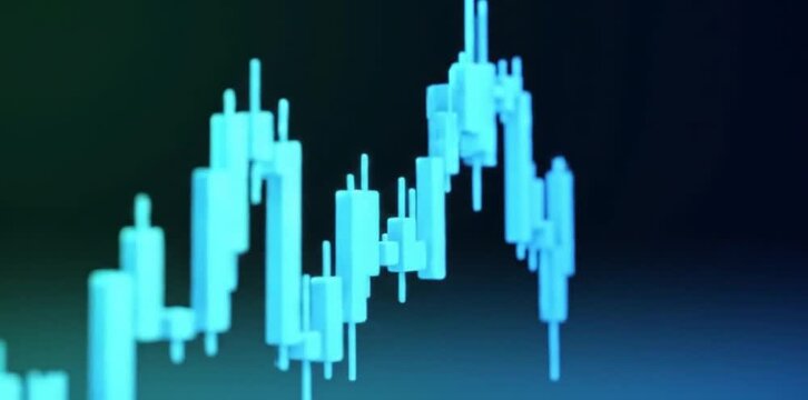 3D Candlestick Chart Rising And Pulsing With Blue & Green Lights &ndash; Clean Financial Animation Without Labels For Market Trends

