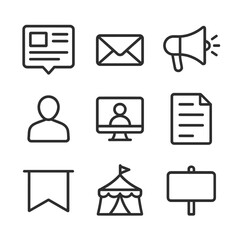 Communication Icons Grid. Outline icon set of Communication channels: social media post, email envelope, press release megaphone,