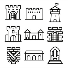Naklejka premium Guardian Icon Set. Outline icon set of guardian environments: castle gate, fortress wall, watchtower, gatehouse, courtyard,