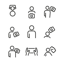 Camera Angle Icons. Outline icon set of camera angles: bird’s-eye view, worm’s-eye view, high angle, low angle, eye-level view,