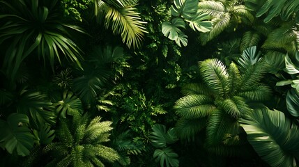 Fototapeta premium Photograph of lush tropical leaves, creating a dense, vibrant green foliage pattern.
