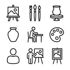 Community Art Workshop Icons. Outline icon set of community art workshop: easel with canvas, paintbrush set, pottery wheel, clay