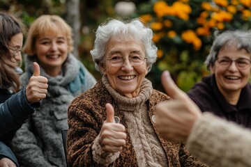 Elderly woman giving thumbs up surrounded by friends in garden