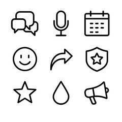 Community Tools Icons. Outline icon set of community engagement tools: chat bubble group, voice call microphone, calendar event,