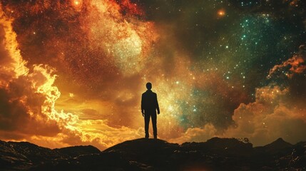 Fototapeta premium Silhouette of a man standing on a cliff looking out at a fiery and starry sky.