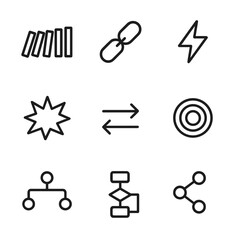 Cause and Effect Icons. Outline icon set of cause and effect: domino pieces, chain reaction, lightning bolt, explosion, arrows