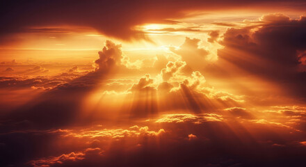  dramatic sunset sky with golden sunbeams breaking through dark clouds, creating an ethereal atmosphere