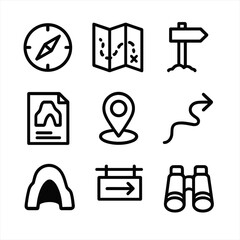 Cave Navigation Icon Set. Outline icon set of cave maps and navigation: compass, map, trail marker, cave survey, GPS pin, path