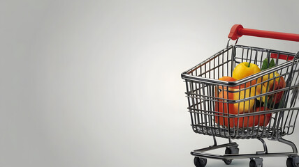Retail and consumerism concept. A shopping cart full of fresh, organic groceries isolated on a light grey studio background with copy space.