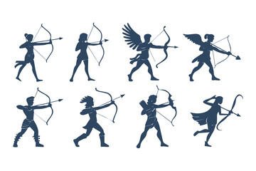 Collection of archer silhouettes in various poses. Vector illustration set of mythological hunters and warriors isolated on a white background.