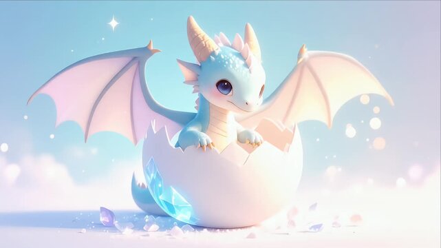 Baby dragon hatching from egg illustration