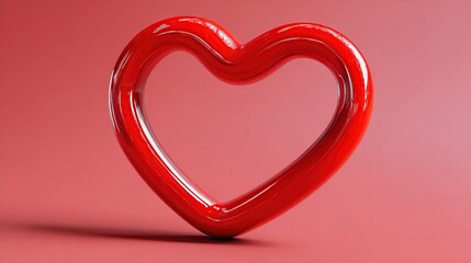 Glossy, red heart shape with a hollow center casts a shadow on a matching background, Valentine's Day