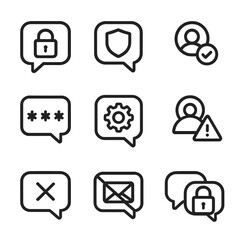 Chat Security Icons. Outline icon set of chat security: encryption lock, shield, user verification, password entry, privacy