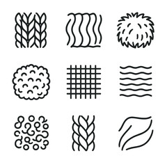 Cozy Fabric Icons. Outline icon set of cozy fabric textures: chunky wool knit, velvet pile, sherpa fleece, linen weave, cotton