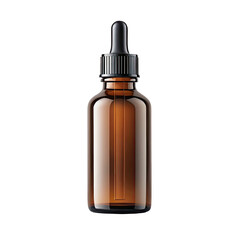 Fototapeta premium Amber glass dropper bottle with black cap and dropper filled with brown liquid isolated on transparent background