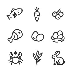 Ice Age Food Icons. Outline icon set of ice age food sources: frozen fish, root vegetable, berries, mammoth meat, nuts, bird eggs,