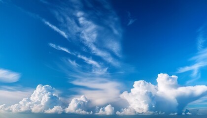 bright and serene sky filled with fluffy clouds against vibrant blue backdrop creates peaceful atmosphere perfect for relaxation and inspiration