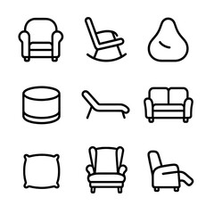 Cozy Seating Icons. Outline icon set of cozy seating options: armchair, rocking chair, bean bag, pouf ottoman, chaise lounge,