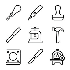 Indentation Tools Icons. Outline icon set of indentation tools and actions: embossing tool, engraving pen, stamp, chisel, press