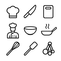 Culinary Icons Grid. Outline icon set of chefs at work: chef hat, knife, chopping board, mixing bowl, saut&eacute; pan, whisk, spatula,