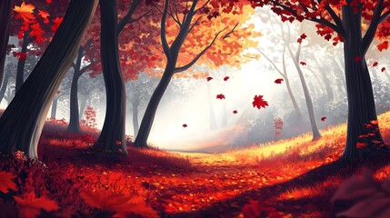 Digital illustration of a serene autumn forest path with falling maple leaves and soft, diffused light.