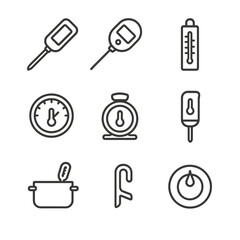 Culinary Temperature Tools Icons. Outline icon set of culinary temperature tools: kitchen thermometer, meat probe thermometer,