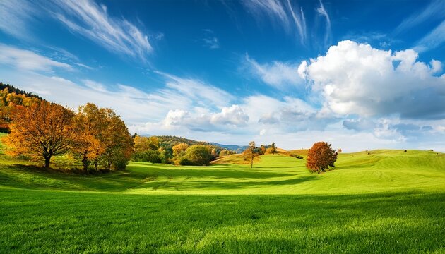 vivid landscape with bright blue sky colorful trees and rolling green fields under fluffy white clouds