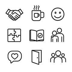 Culture and Trust Icons. Outline icon set of culture and trust building: handshake trust, virtual coffee break mug, smiley face,