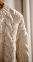Close-up of a cream-colored cable knit sweater