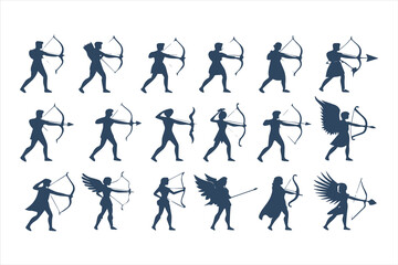 Fototapeta premium Collection of archer silhouettes in various poses. Vector illustration set of mythological hunters and warriors isolated on a white background.